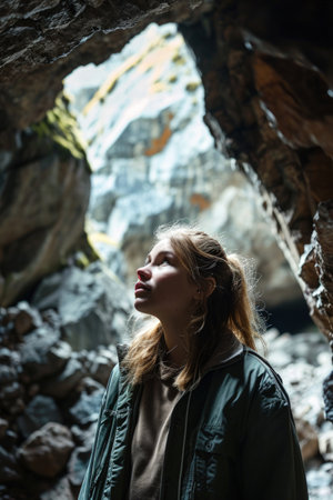 a woman looking up in a caveの素材