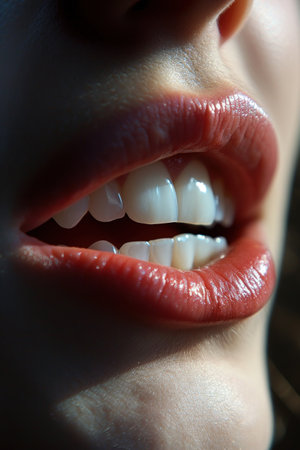 close up of a woman's lips and teethの素材