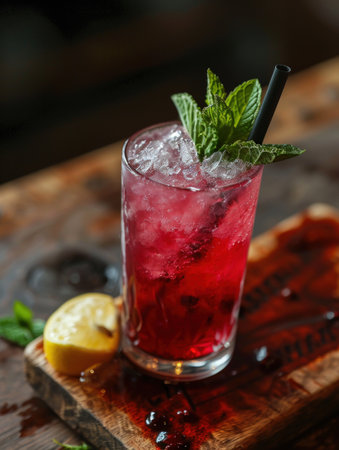 a glass of red drink with mint and a lemonの素材