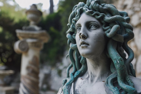 a statue of a woman with a snake on her headの素材