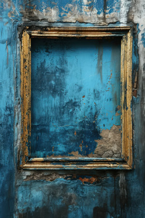 a blue and gold frame on a wallの素材