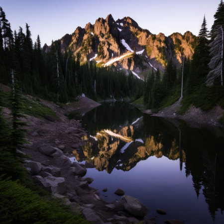 a mountain with trees and a lakeの素材