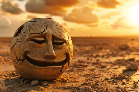 a stone ball with a face on itの素材