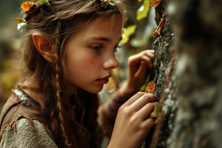 a girl with braids and leaves on her head looking at a treeの素材