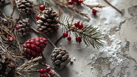 pine cones and berries on a branchの素材