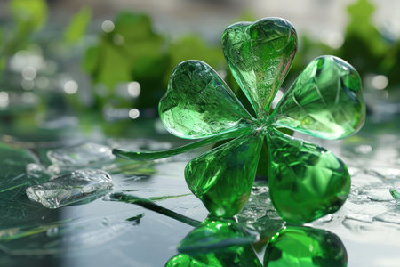 a green glass clover with four leavesの素材