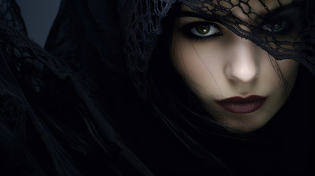a woman with green eyes wearing a black veilの素材