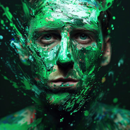 a man with green paint on his faceの素材