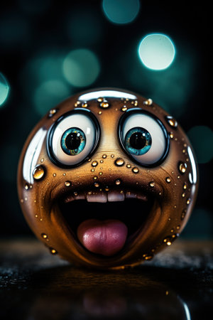 a close up of a ball with eyes and tongue outの素材