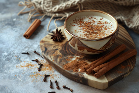 a cup of hot drink with cinnamon sticks and star aniseの素材
