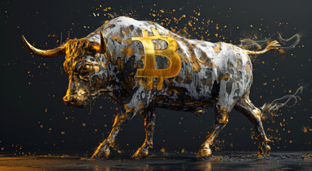 a statue of a bull with a bitcoin symbol on itの素材