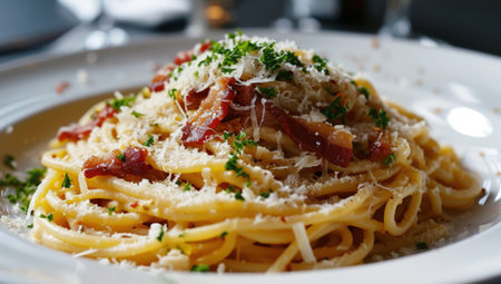 a plate of spaghetti with cheese and baconの素材