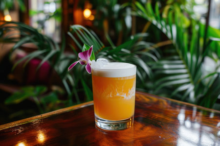 a glass of orange liquid with a flower on topの素材