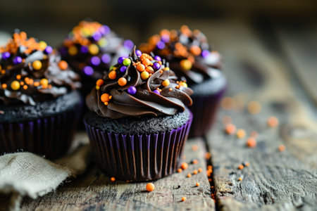 a group of cupcakes with chocolate frosting and sprinklesの素材