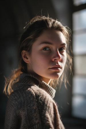 a woman looking back in the sunの素材