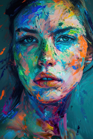 a woman with colorful paint on her faceの素材