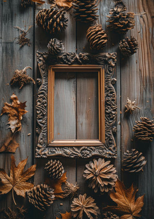 a frame and pine cones on a wood surfaceの素材