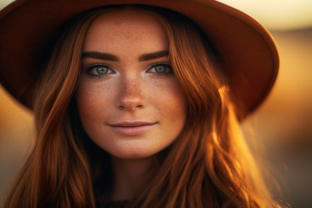a woman with red hair and a hatの素材