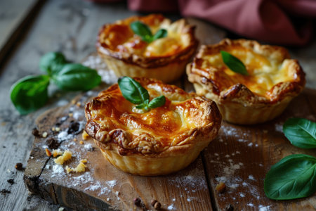 a group of small pies on a wood surfaceの素材