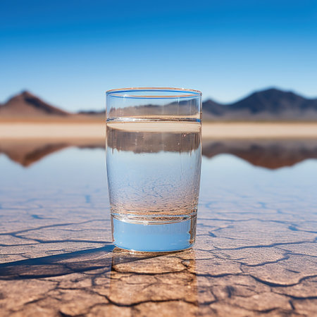 a glass of water on a surface with a desert in the backgroundの素材