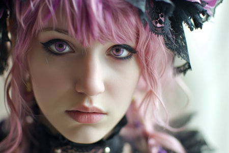 a woman with pink hair and black lace hatの素材