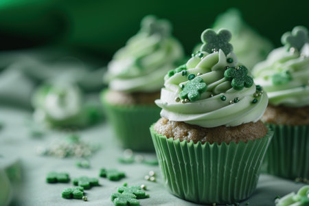 a cupcake with green frosting and shamrocksの素材
