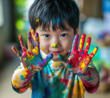 a child with painted handsの素材