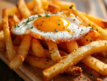 a fried egg on a plate of french friesの素材