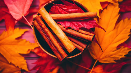a bowl of cinnamon sticks and red leavesの素材