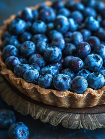 a blueberry pie on a wood plateの素材