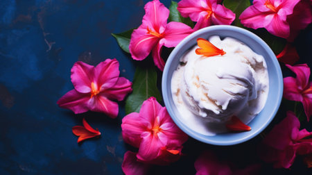a bowl of ice cream with flowersの素材