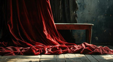 a red velvet curtain on a wooden floorの素材