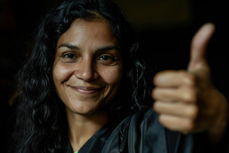 a woman smiling and giving a thumbs upの素材