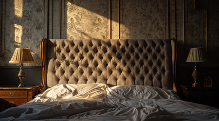 a bed with a headboard and a wallpaperの素材