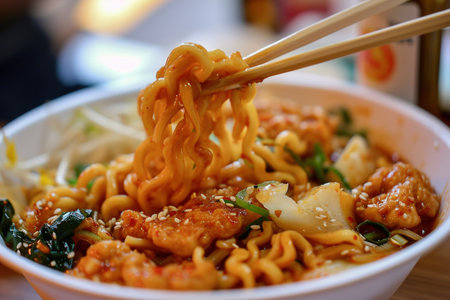 a bowl of noodles with chopsticksの素材