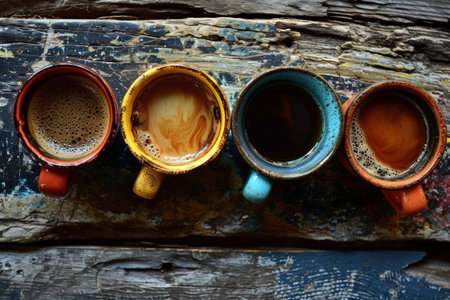 a group of coffee cups on a wood surfaceの素材