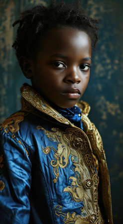 a young boy in a blue and gold jacketの素材