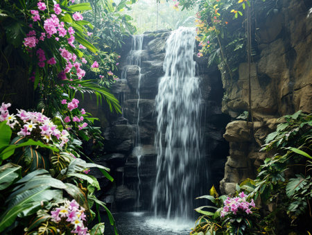 a waterfall surrounded by flowersの素材