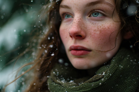 a woman looking up in the snowの素材