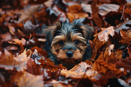 a dog in a pile of leavesの素材
