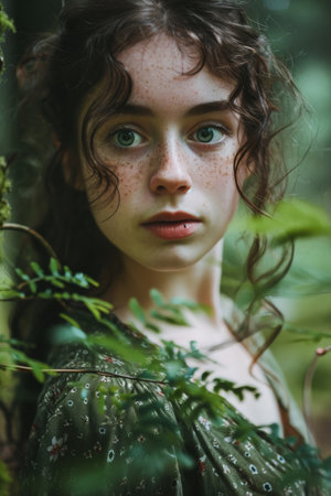 a woman with freckles and green eyesの素材