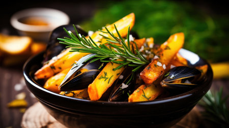 a bowl of food with a sprig of rosemaryの素材