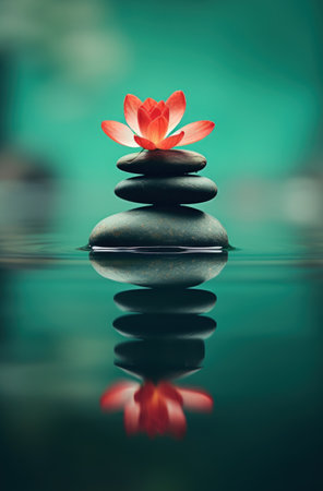 a flower on top of a stack of rocks in waterの素材