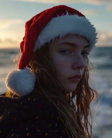 a woman wearing a santa hatの素材