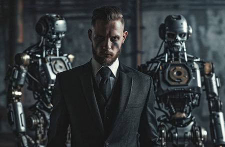 a man in a suit and tie standing in front of robotsの素材