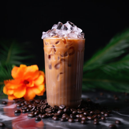 a glass of iced coffee with coffee beans and a flowerの素材