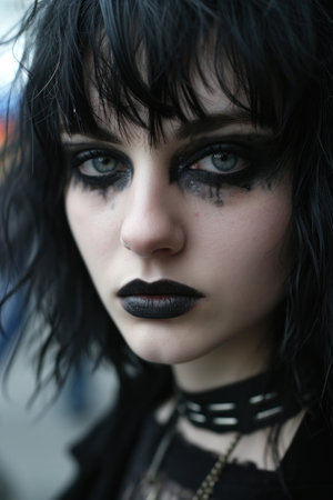 a woman with black makeup and black hairの素材