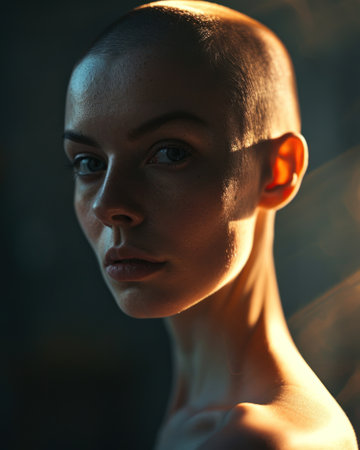 a close up of a bald womanの素材
