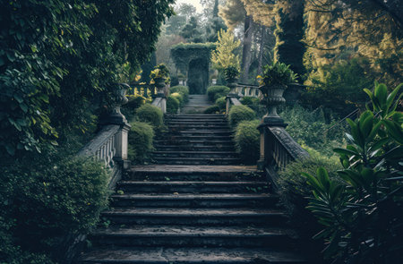 a stone stairs with plants and treesの素材