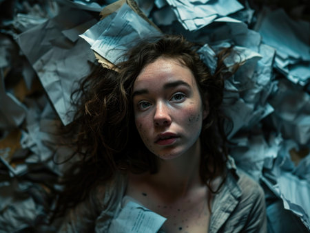 a woman lying on a pile of papersの素材